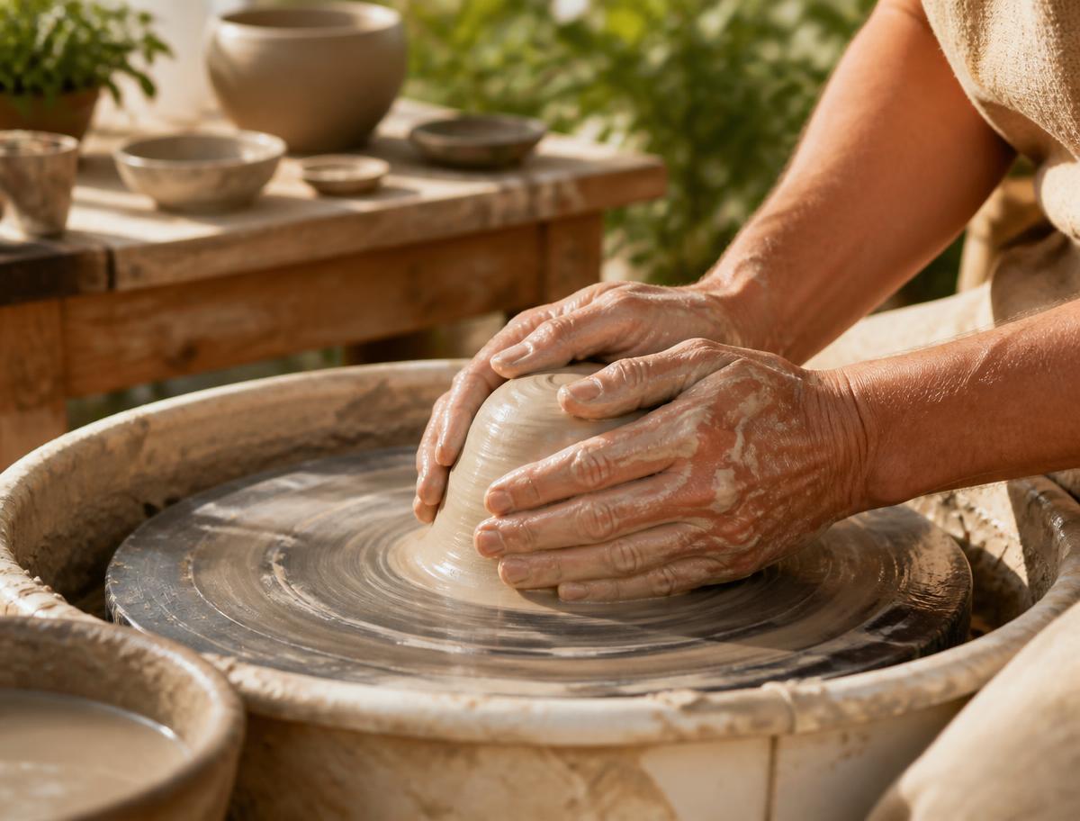 Hands throwing clay on a potter's wheel