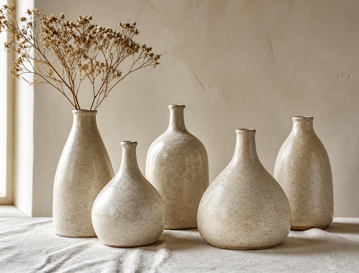 Group of pale speckled stoneware bottle vases