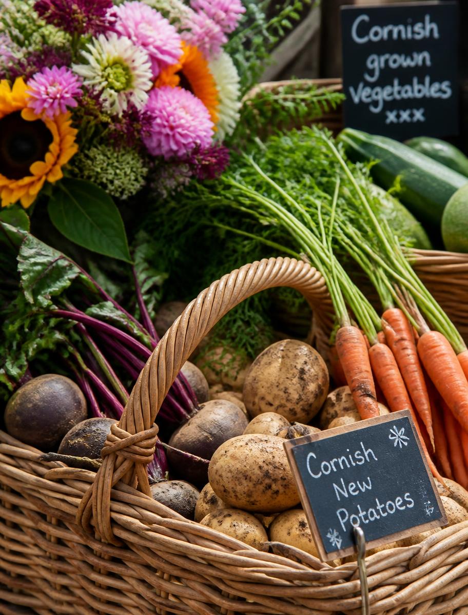Baskets of Cornish grown vegetables and cut flowers