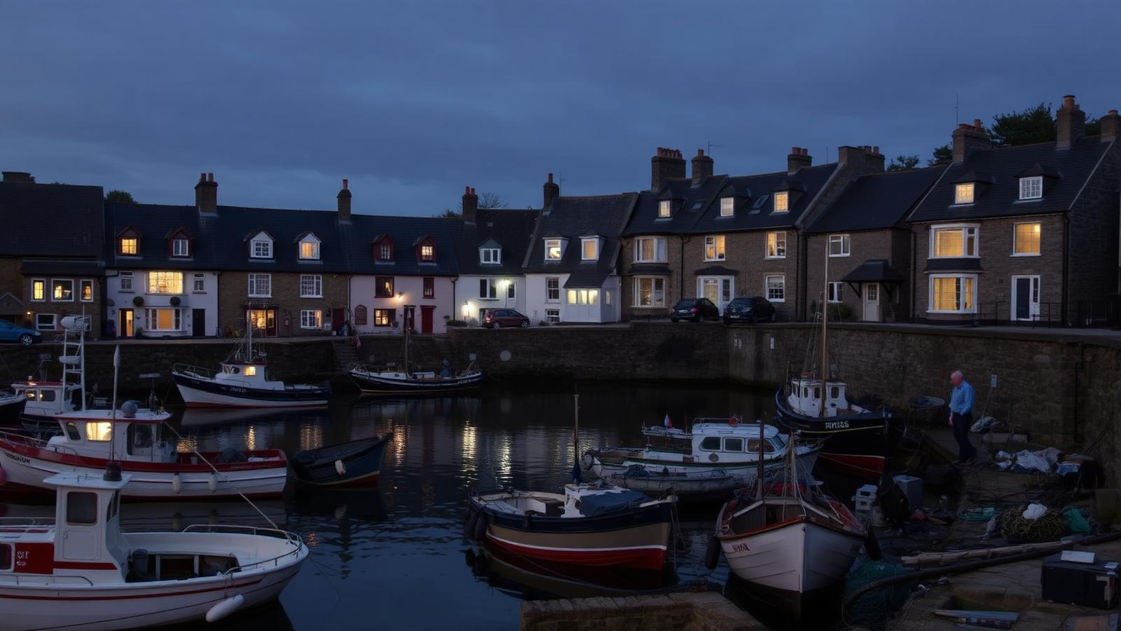 A working Cornish harbour at dusk with fishing boats and lit cottages
