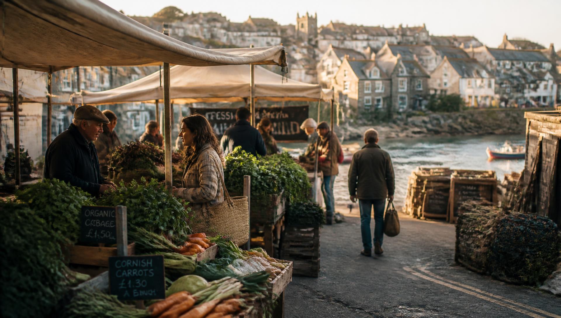 Cornish farmers market stalls beside a harbour at golden hour