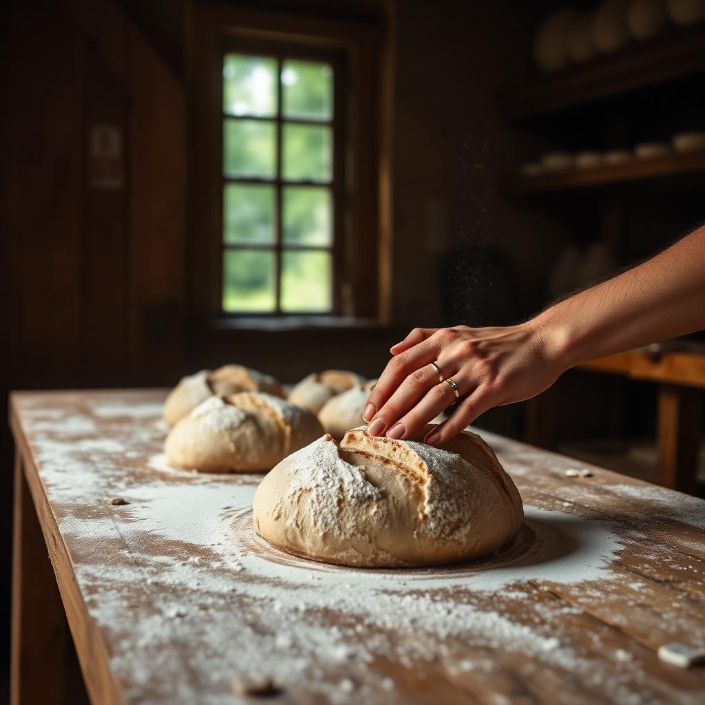 Hands shaping a rustic sourdough loaf in a countryside bakery