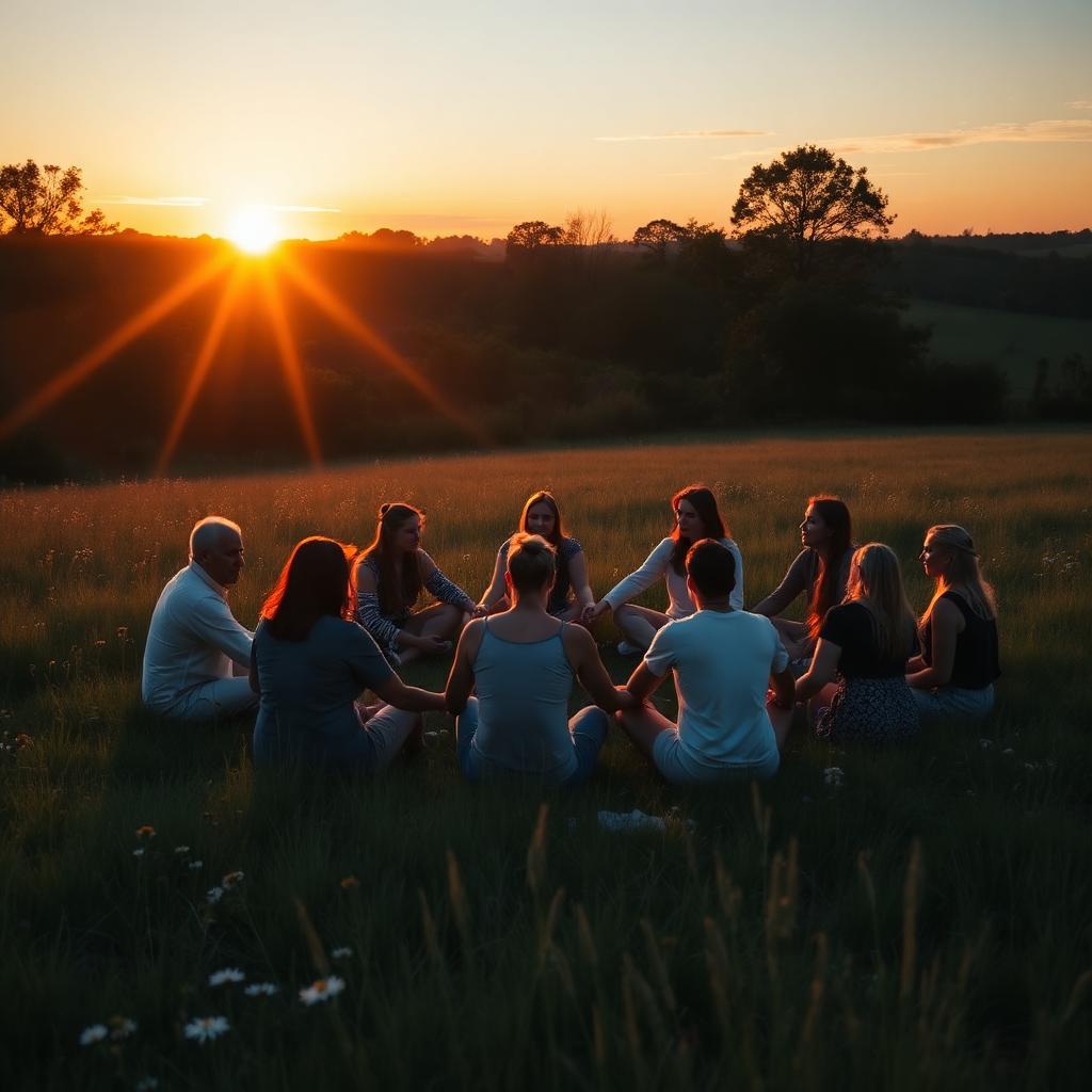 Community circle gathered in a Cornwall meadow at sunset