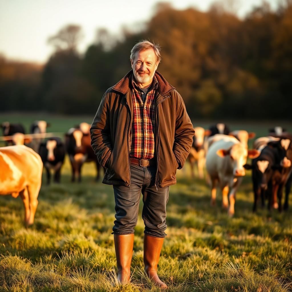 A Cornwall farmer with his herd at golden hour