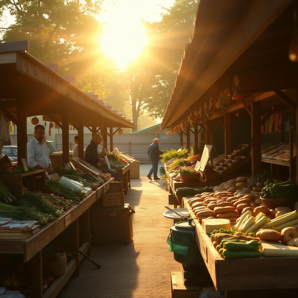 Golden-hour Cornwall farmers market with wooden stalls