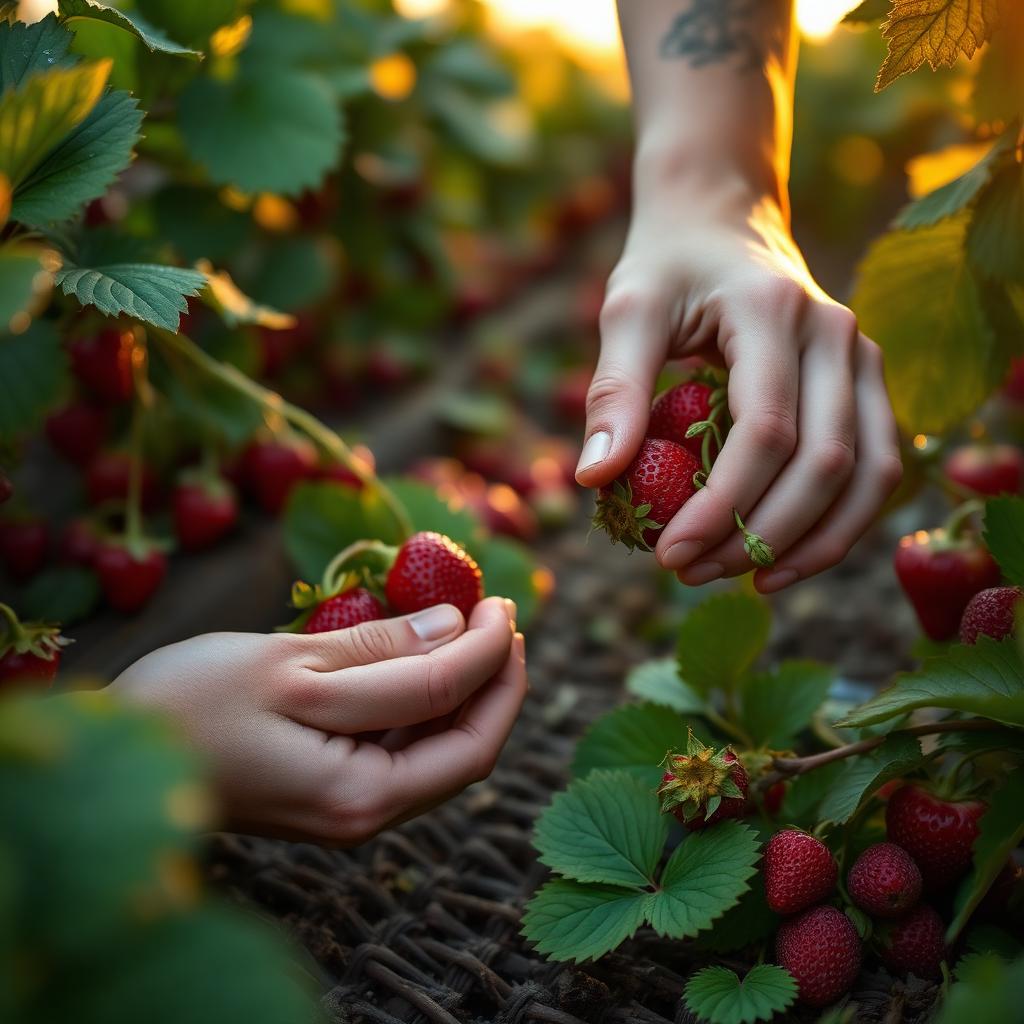 Hands picking ripe strawberries at sunrise